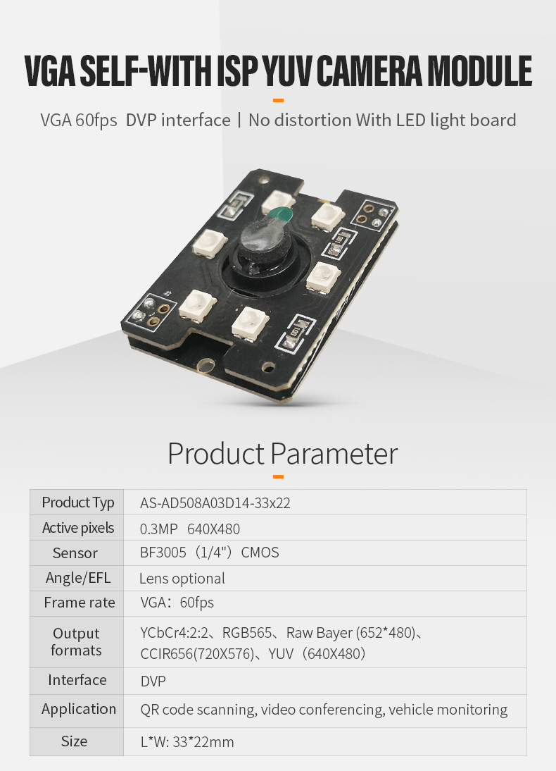 Dogoozx BF3005 vga 60fps with ISP YUV LED board code scanning DVP camera module PCBA插图