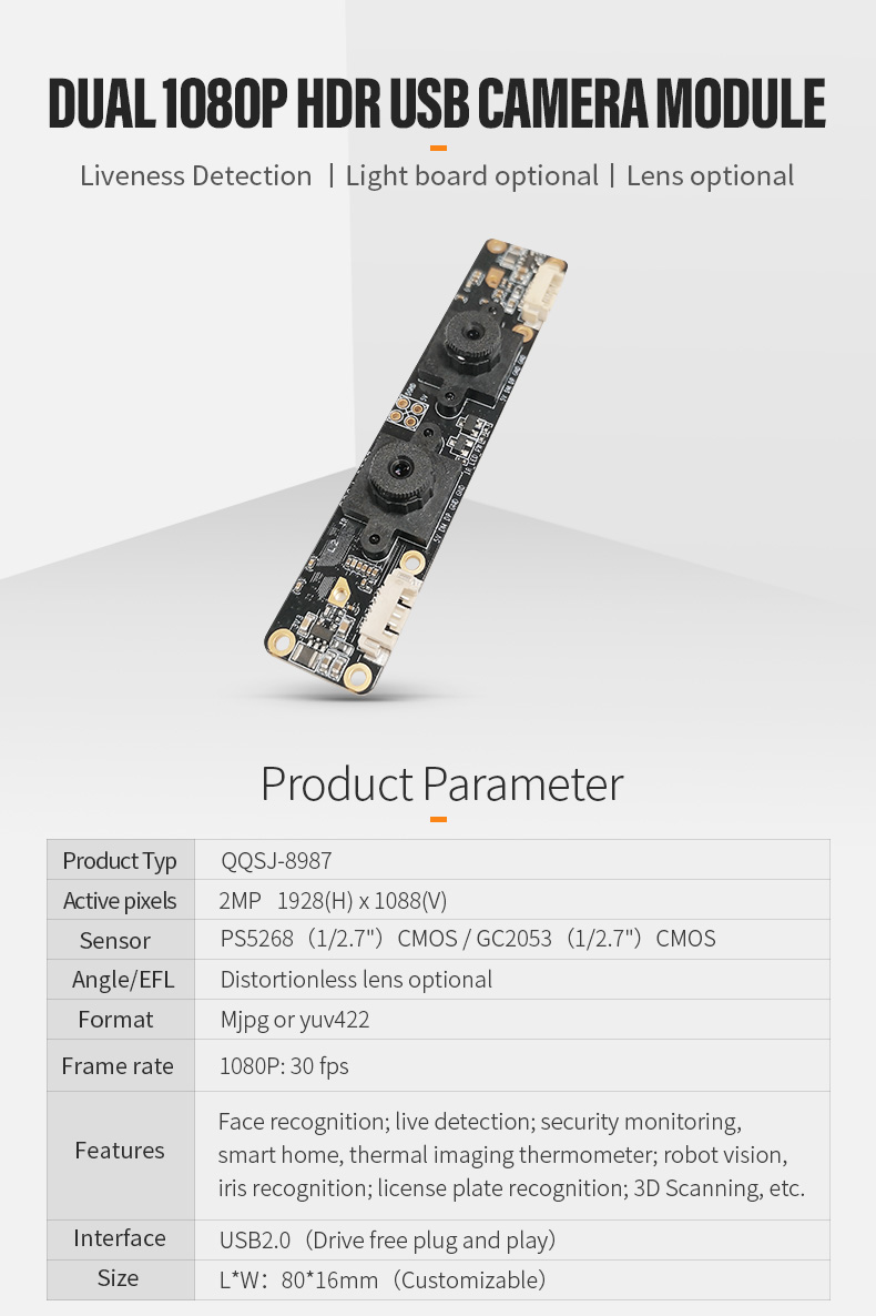 Dogoozx ODM OEM 2MP PS5268 GC2053 1080P 30fps USB Binocular Live Detection Camera Module插图