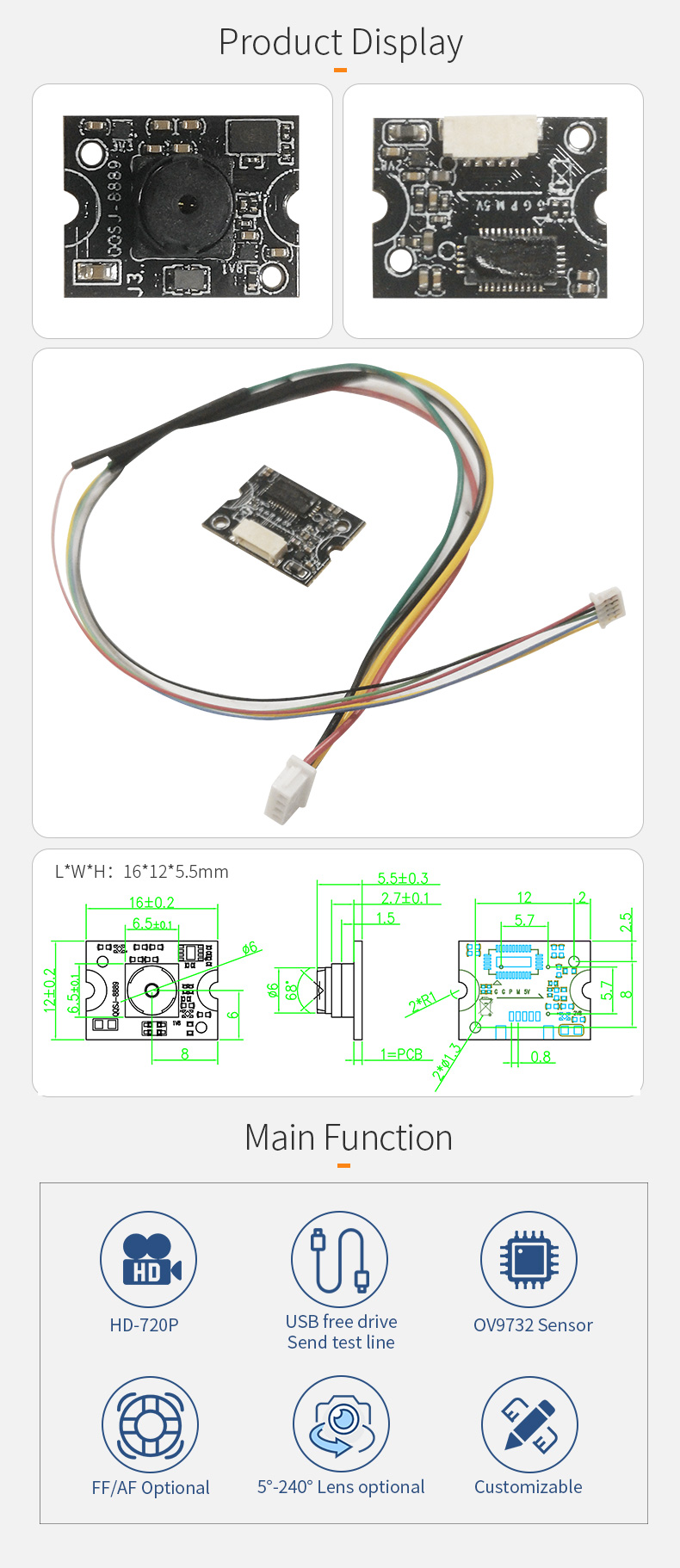 Dogoozx HD OV9732 720p 30fps sweep code recognition usb small structure camera module插图1