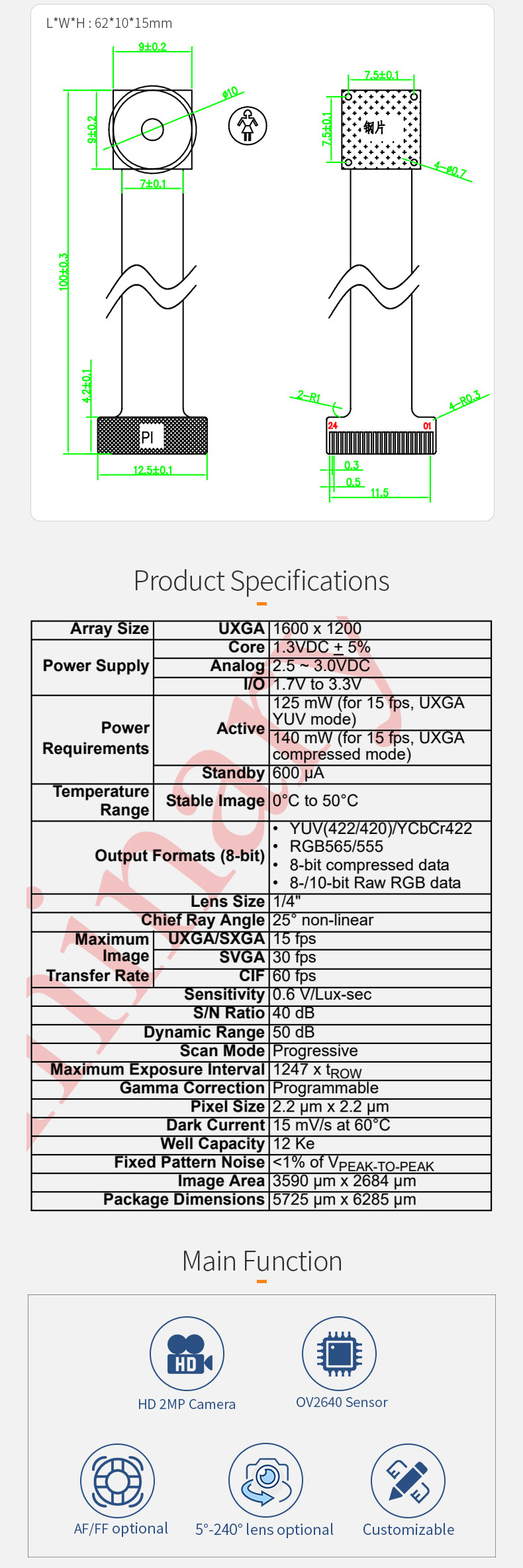 Dogoozx 2MP OV2640 1600×1200 with ISP JPEG DVP Security Monitoring AI Camera Module插图1