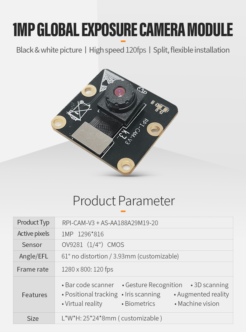 Dogoozx HD 720P OV9281global exposure Logistics scanning code split mipi camera module插图