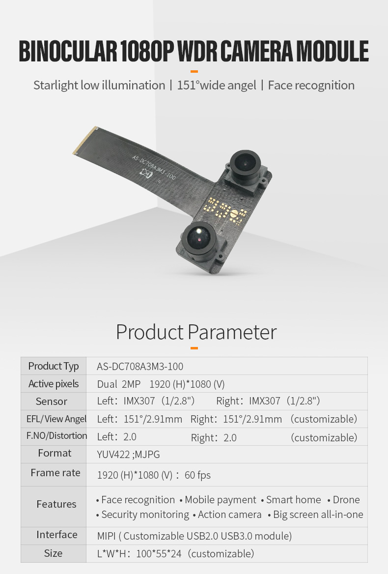 Dogoozx Mipi 1080p HDR HD surveillance IMX307 binocular 3D reconstruction camera module插图