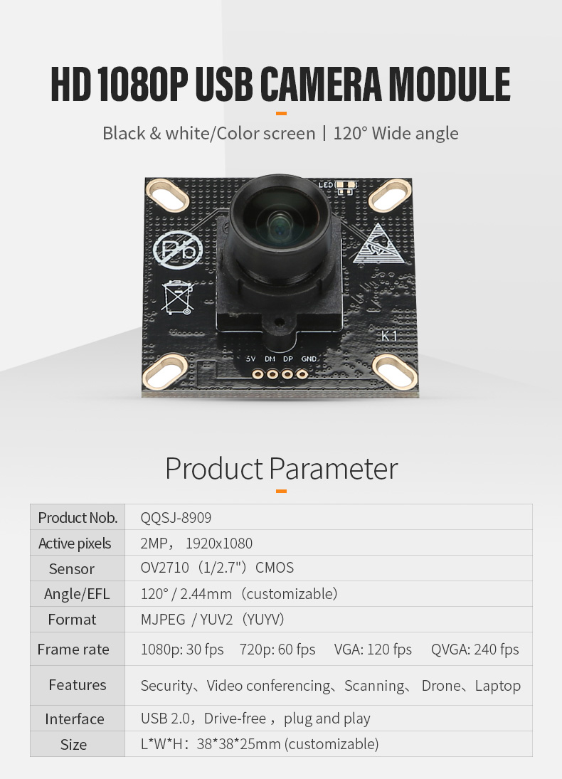 Dogoozx OV2710 color 120-degree 5G lens 1080p monitor witness comparison camera module插图