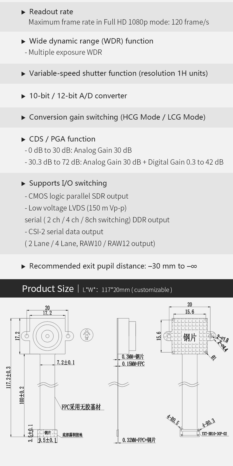 Dogoozx HD Starlight 1080p 120fps mipi HDR 117mm FPC Wide Angle IMX291 camera module插图3