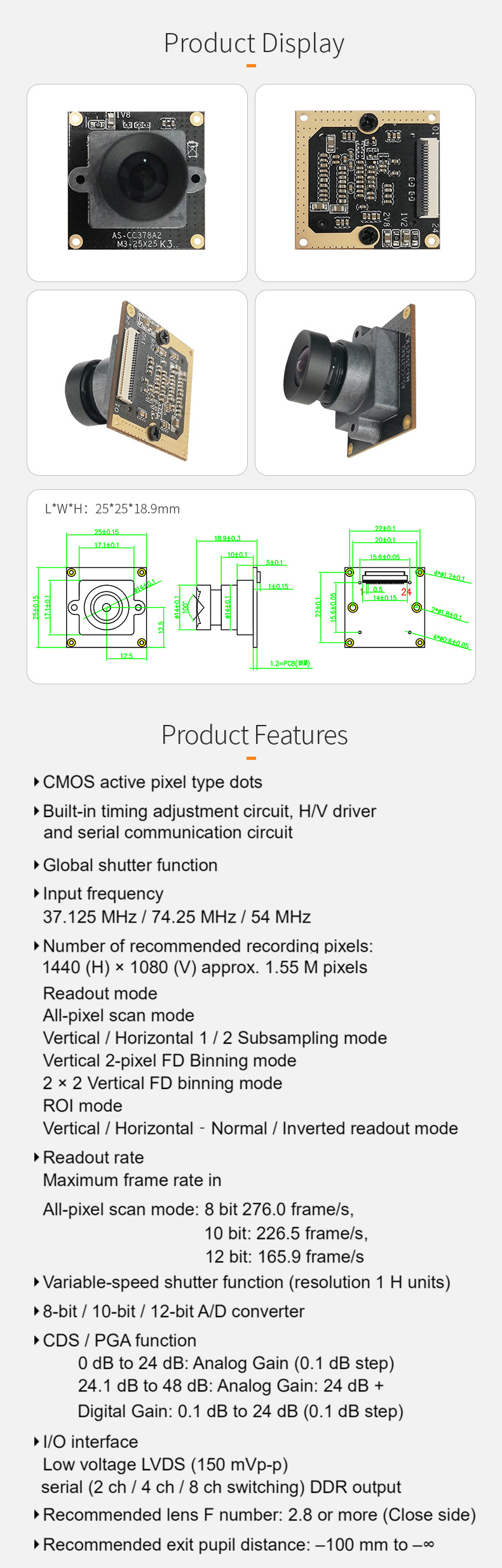 Dogoozx 1.5MP 1440×1080 Global Exposure LVDS High-speed 276fps IMX273 MIPI Camera Module插图1